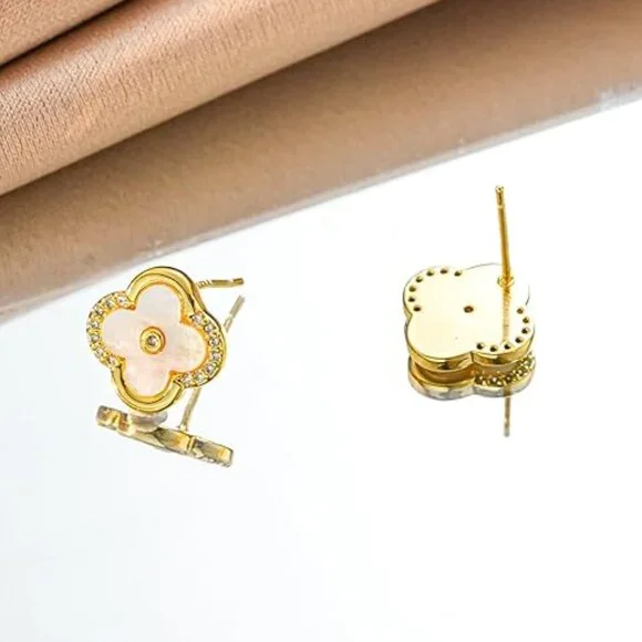 Women's Gold Plated 925 Silver Post Clover Shaped Dainty CZ Stud Earrings - Picture 4 of 5